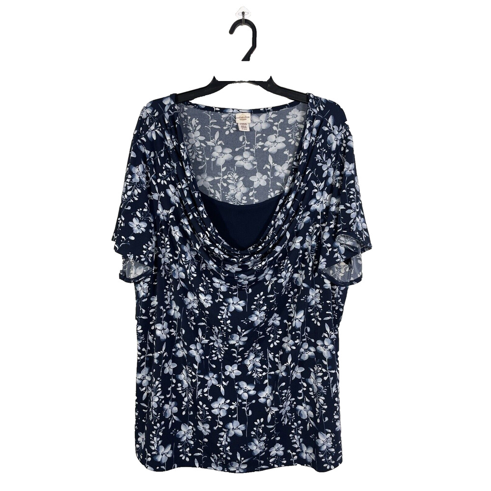 COVINGTON Womens 20/22W Blue Floral Print Short-sleeve Top Cowl Neck Shirt